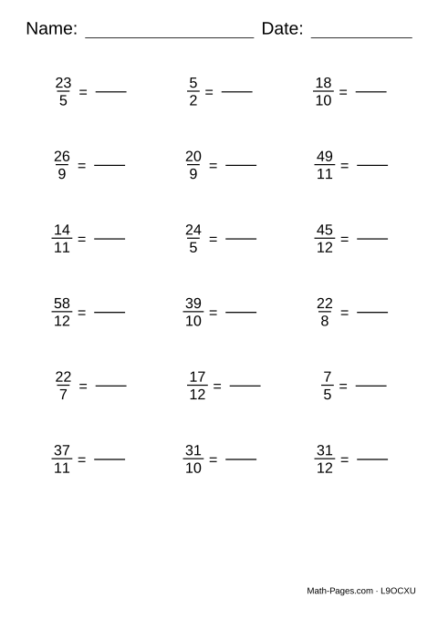 Sample page from Mixed Numbers and Improper Fractions