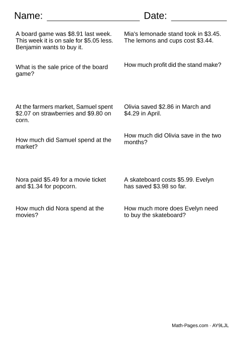 Sample page from Money Word Problems