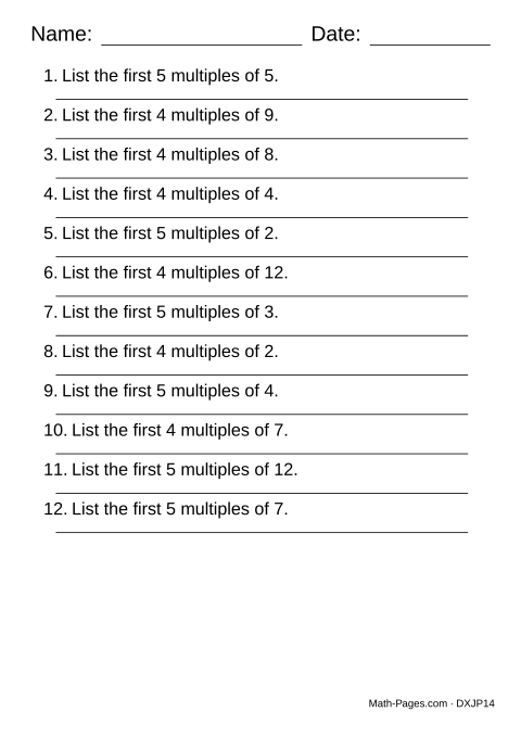 Sample page from Multiples Worksheets