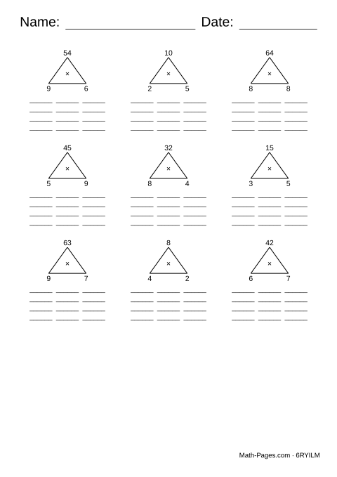 Sample page from Multiplication and Division Fact Families