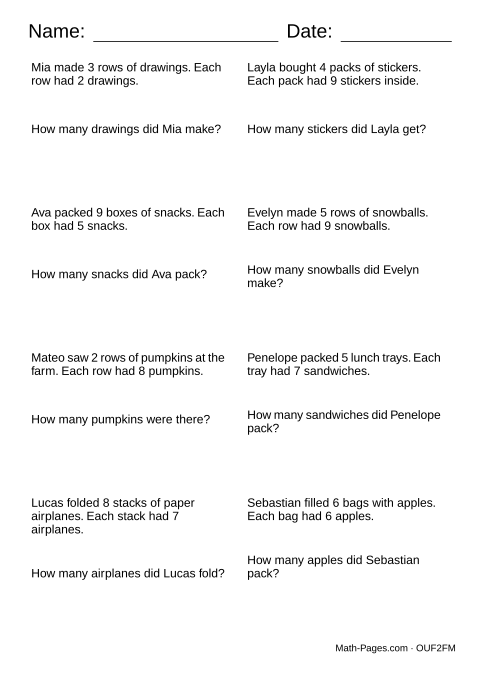 Sample page from Multiplication Word Problem Worksheets