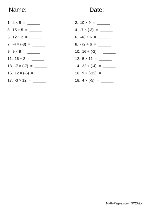 Sample page from Multiplying and Dividing Integers