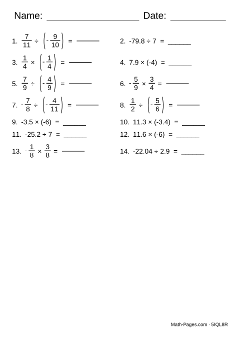 Sample page from Multiplying and Dividing Rational Numbers