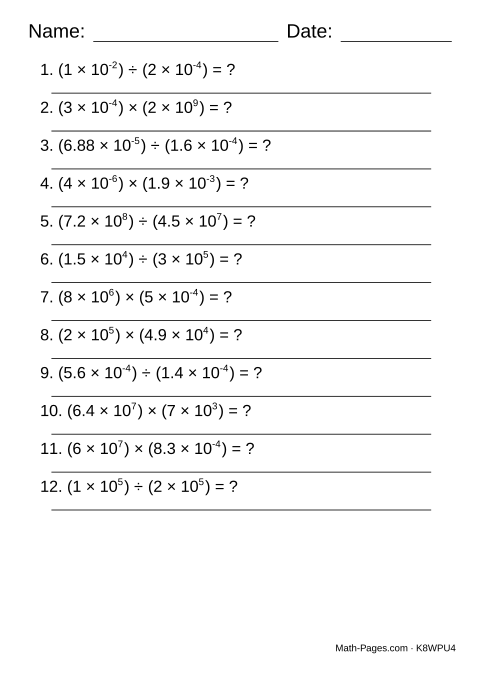 Sample page from Multiplying and Dividing in Scientific Notation