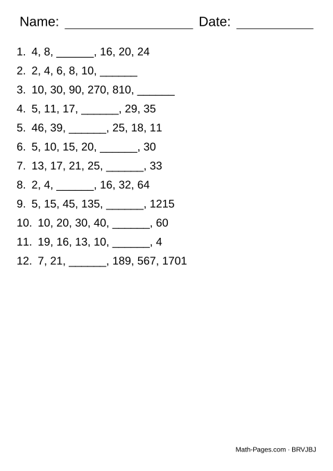 Sample page from Number Patterns Worksheets