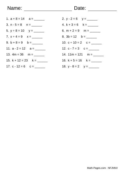 Sample page from One-Step Equations Worksheets
