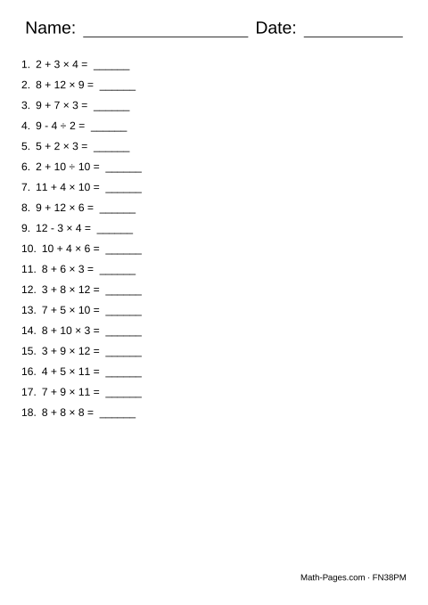 Sample page from Order of Operations Worksheets
