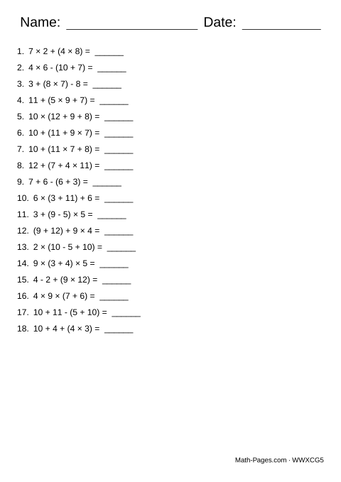 Sample page from PEMDAS Worksheets