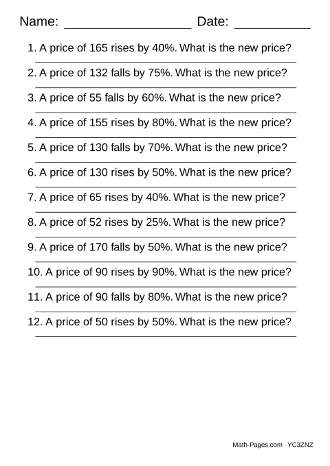 Sample page from Percent of Change Worksheets
