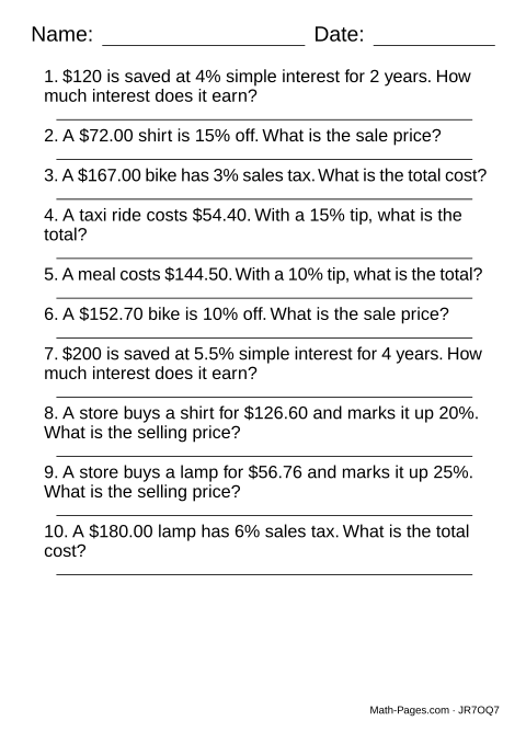 Sample page from Percent Word Problems
