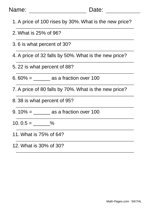 Sample page from Percent Worksheets