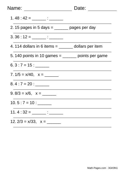 Sample page from Ratio Worksheets