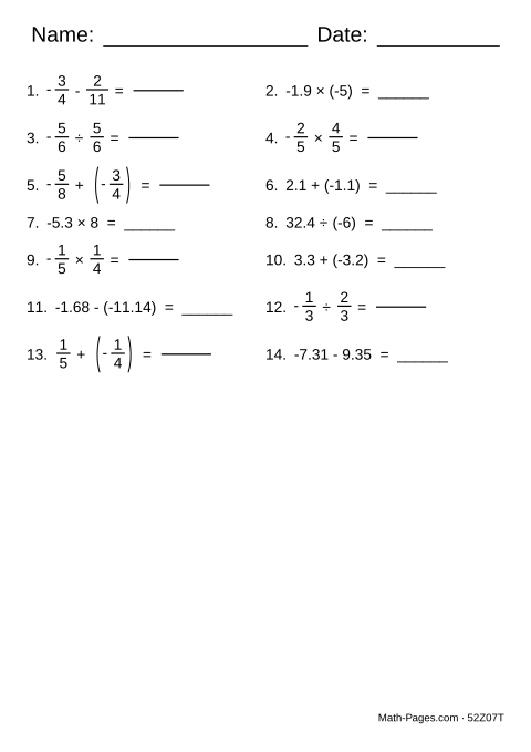 Sample page from Rational Numbers Worksheets