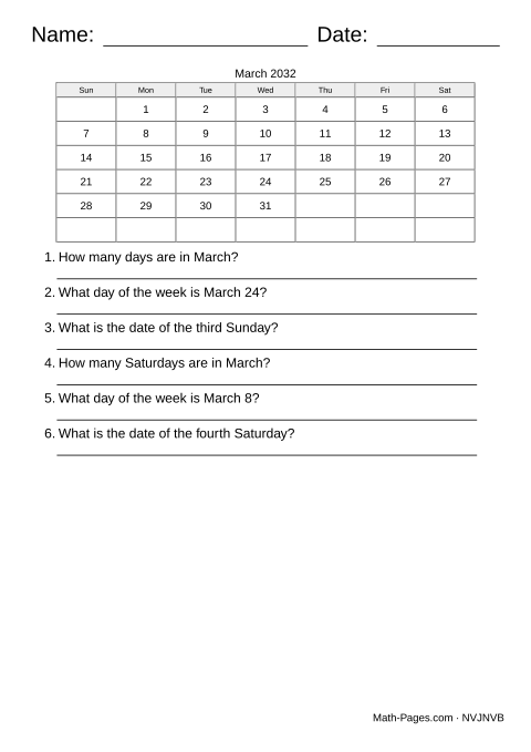 Sample page from Reading a Calendar Worksheets