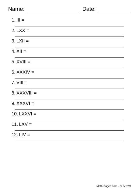 Sample page from Reading Roman Numerals Worksheets