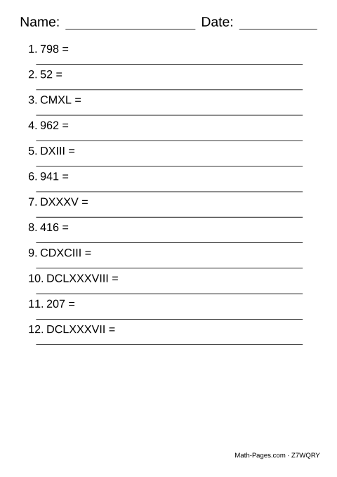 Sample page from Roman Numerals to 1000 Worksheets