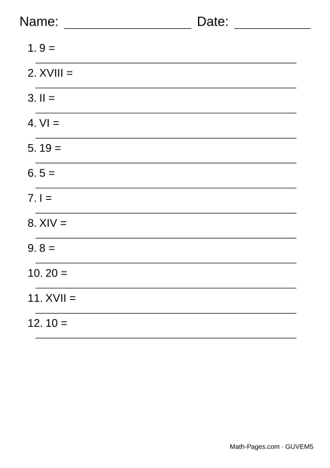 Sample page from Roman Numerals 1 to 20 Worksheets