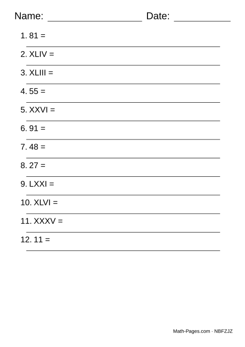 Sample page from Roman Numerals Worksheets