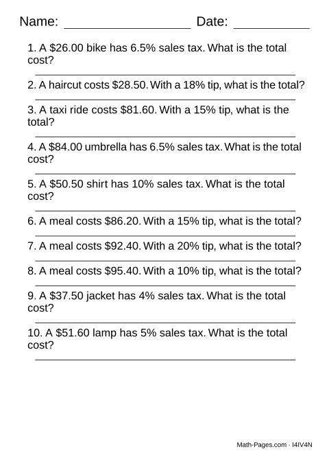 Sample page from Sales Tax and Tip Worksheets