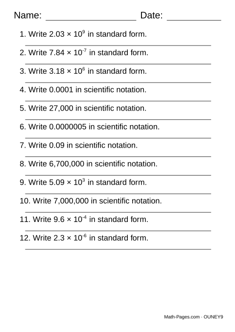 Sample page from Scientific Notation Worksheets