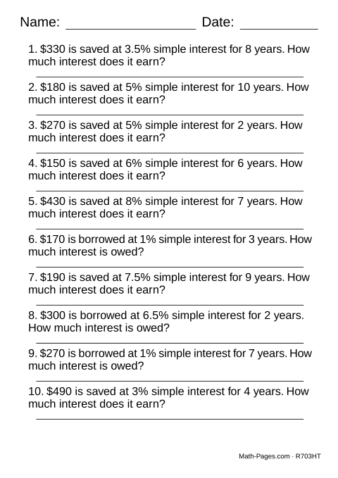 Sample page from Simple Interest Worksheets