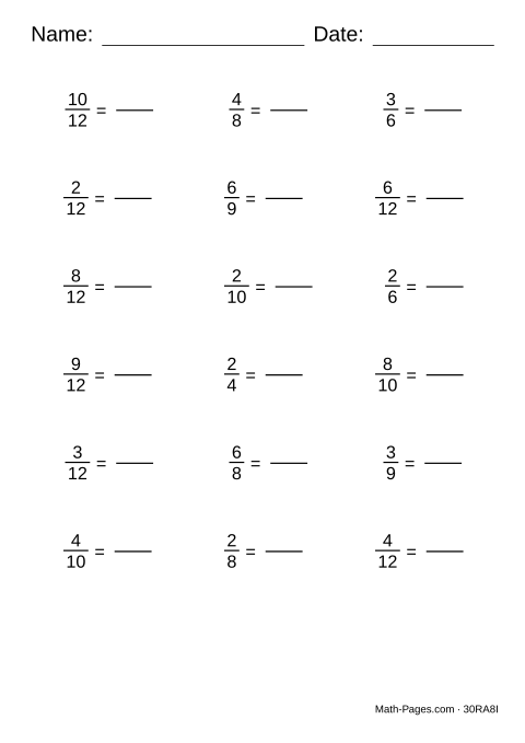 Sample page from Simplifying Fractions Worksheets