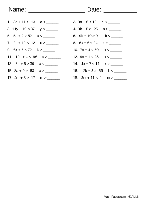 Sample page from Inequalities with Negative Numbers