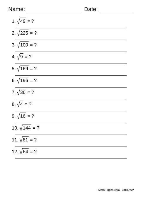 Sample page from Square Roots Worksheets