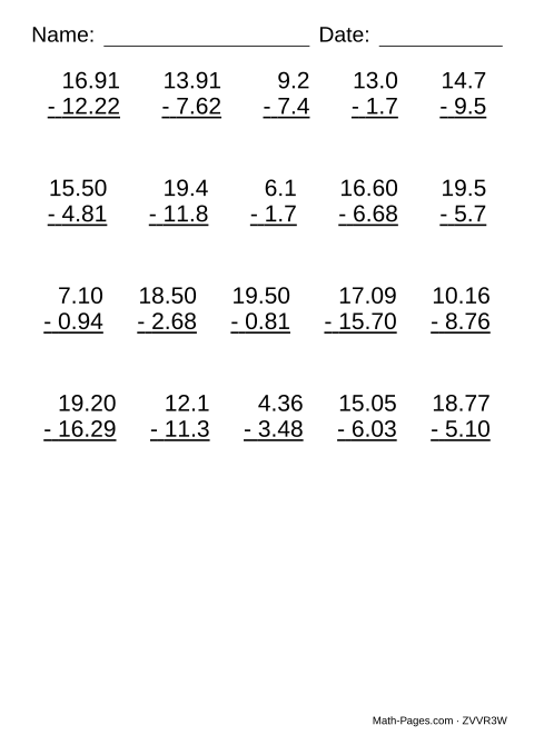 Sample page from Subtracting Decimals