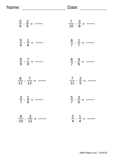 Sample page from Subtracting Fractions