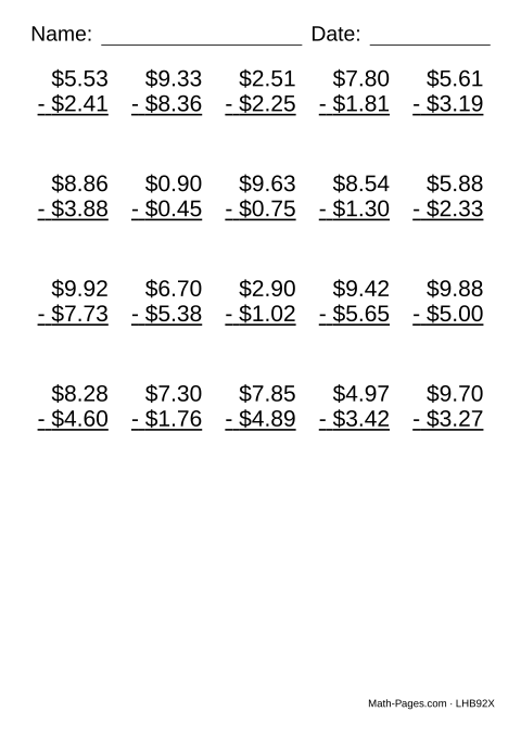 Sample page from Subtracting Money