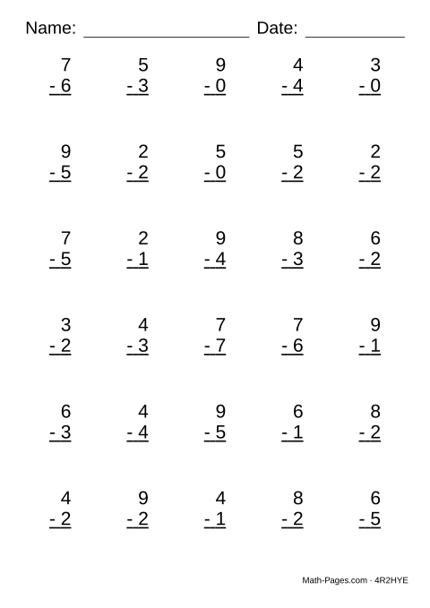 Sample page from Subtraction Worksheets
