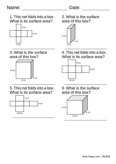 Sample page from Surface Area Worksheets