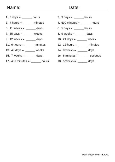Sample page from Time Conversion Worksheets