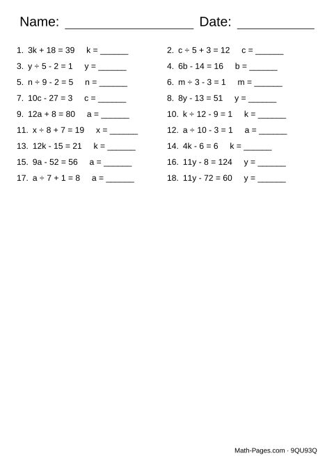 Sample page from Two-Step Equations Worksheets