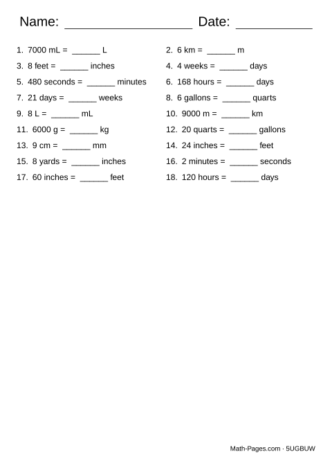 Sample page from Unit Conversion Worksheets