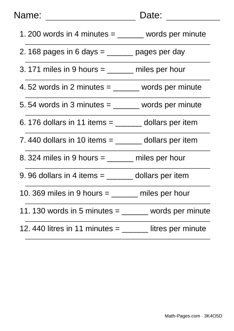 Sample page from Unit Rate Worksheets