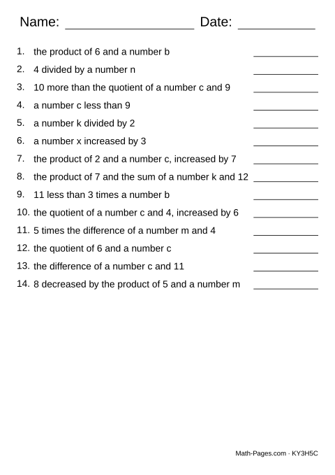Sample page from Writing Expressions Worksheets